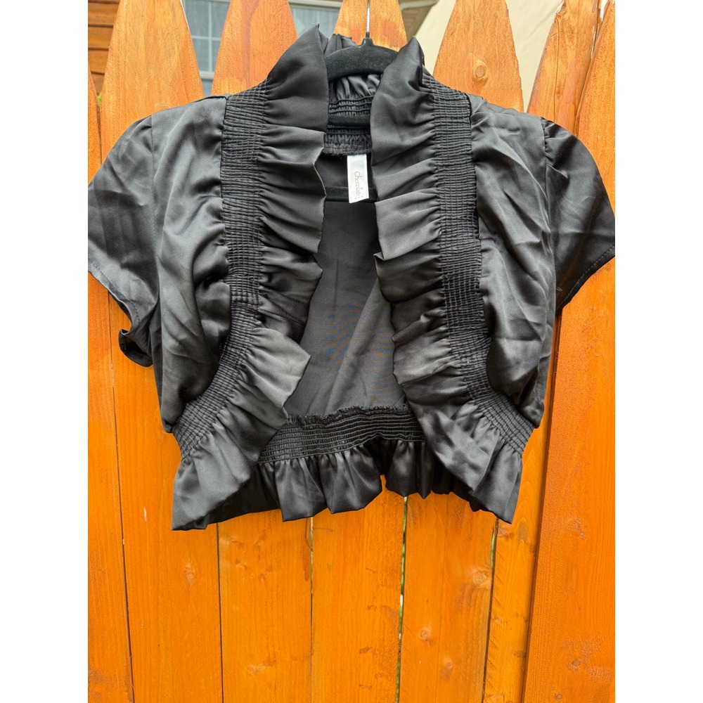 Chocolate USA Black Satin Ruffle Bolero Shrug Smocked Cropped Puff Sleeve Jacket